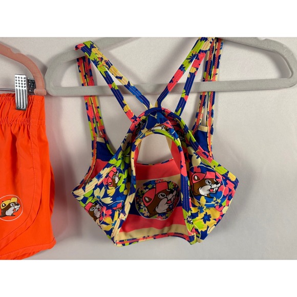 Buc-ee's Two Piece Swimwear‎ Neon Floral Beaver Top Orange Shorts YM - Picture 6 of 8